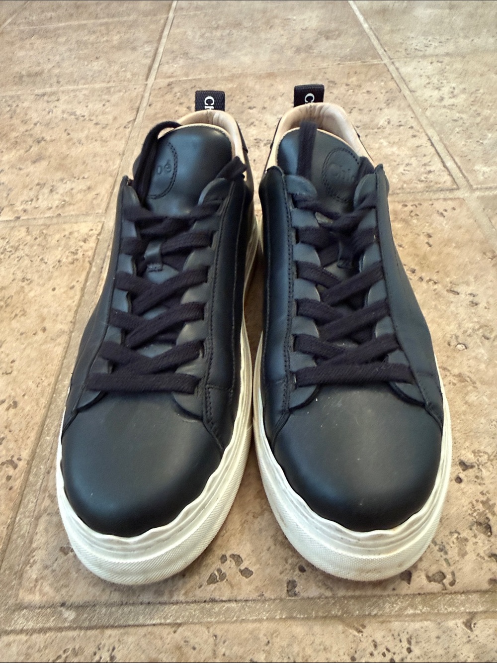 Chloe Lauren Women’s Black Leather Low-Top Sneakers with White Sole